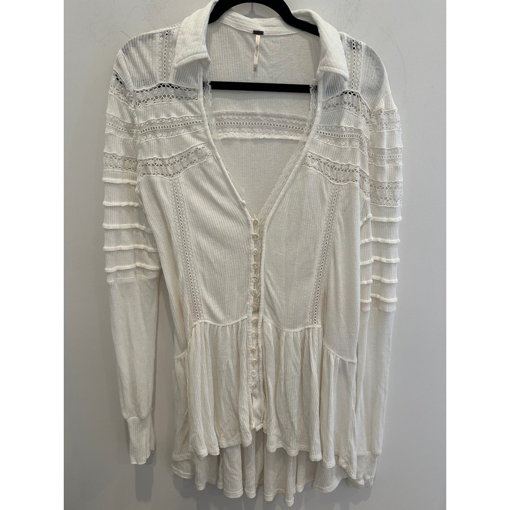 Free People Cream Ribbed Lace Button Down Peplum Top Medium Boho Crochet L/S